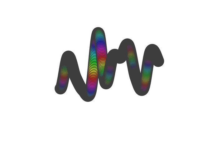 A 3D wavy sculpture featuring rainbow-colored horizontal ridges revealed against a matte black surface, corresponding to HyperRibbed Squiggle #5055 from the collection, highlighting the hidden Hyper spectrum effect only visible up close.