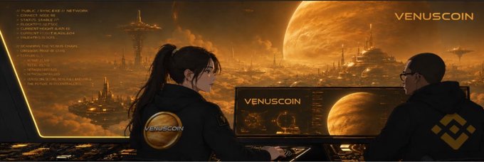 Two individuals in a futuristic control room overlook a sprawling Venus cityscape, wearing jackets emblazoned with the "VENUSCOIN" logo, while the planet looms large above their digital trading dashboard. The image visually reinforces the post's reference to "$Venuscoin," depicting the project as a sci-fi inspired mission—mirroring the "narrative" appeal the author highlights alongside $Marscoin, $safemoon, and its gold ($XAU) and SpaceX ($SPCX) pairings.