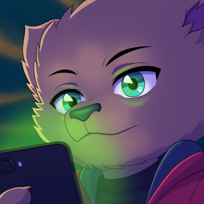 An anthropomorphic purple cat character with green eyes looks at a smartphone in a dimly lit setting, its face illuminated by the device's glow.