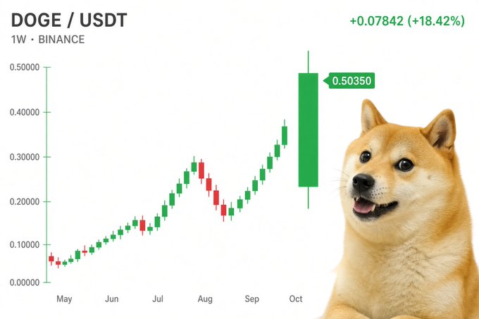 A weekly candlestick chart of DOGE/USDT on Binance shows a strong green close at $0.50350, marking a +18.42% (+0.07842) gain, aligning with the post's bullish "next" sentiment as the meme coin eyes the $1 milestone. The Doge mascot smiles beside the chart, reinforcing the optimistic tone.
