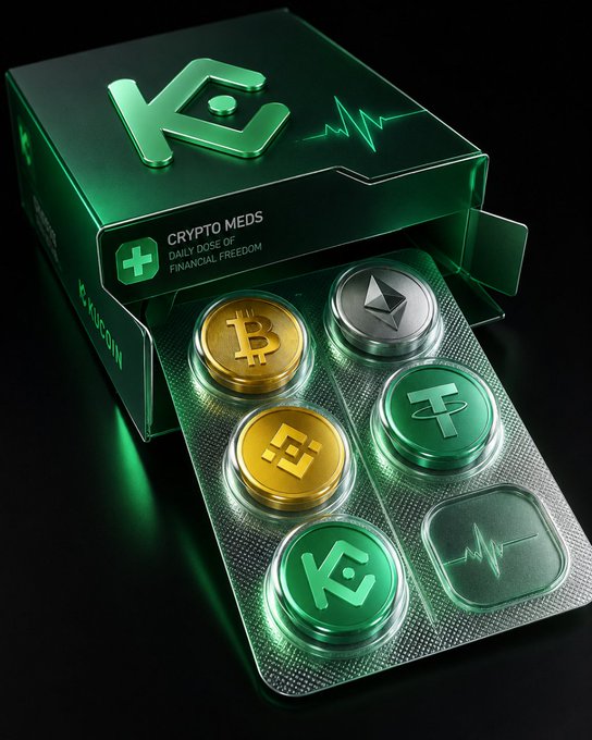 A green "Crypto Meds" pillbox displays blister-packed cryptocurrency coins including Bitcoin (BTC), Ethereum (ETH), and a prominent KuCoin (KCS) token, visualizing the concept of a "balanced diet" of digital assets with KCS as the featured "medicine."

Caption: A green "Crypto Meds" blister pack serves up Bitcoin, Ethereum, and KuCoin (KCS) coins as the daily dose of "financial freedom."