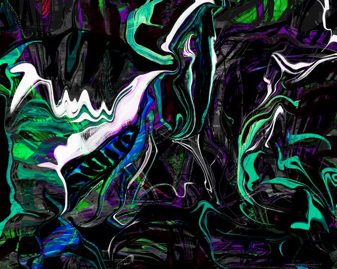 A swirling abstract digital artwork features flowing teal, white, and purple ribbons against a dark, textured black background, evoking the chaotic yet beautiful energy of an early morning hour.

The piece's liquid, dreamlike forms mirror the post's description of the "5am" hour—a fresh, quiet, and contemplative moment captured as a unique 1-of-1 NFT on the Ethereum blockchain.