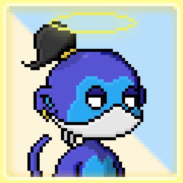 A sad-looking blue pixelated character wears a black top hat with a glowing yellow halo floating above its head, resembling a genie emerging from a lamp. The caption "Love the new traits! Look at my genie" suggests this is a custom avatar or NFT character showcasing newly added cosmetic features.