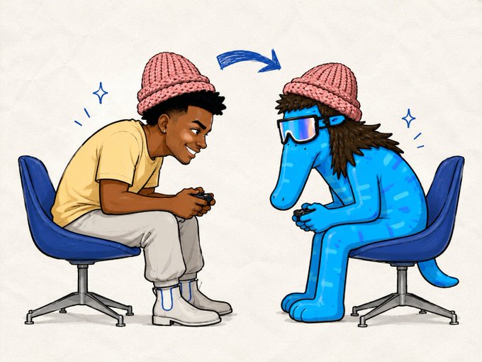 A cartoon illustration showing two characters wearing pink beanies sitting in blue chairs gaming; the one on the right is a blue monster figure with sunglasses.