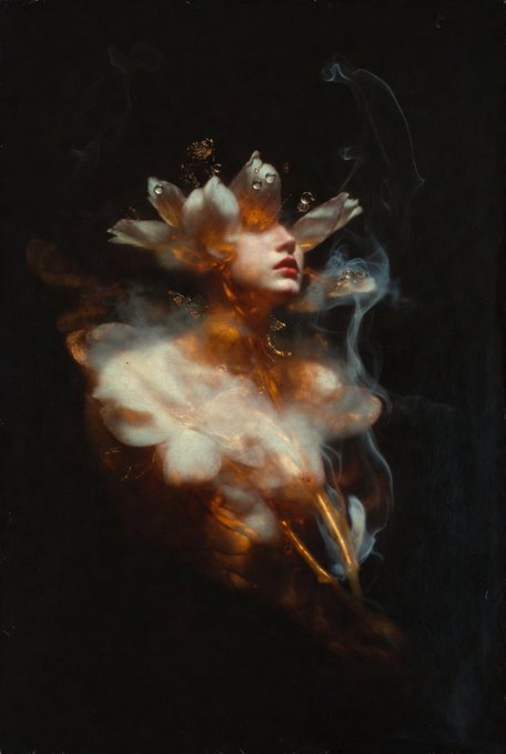 A surreal, ethereal portrait of a woman dissolving into smoke, blood, and white blossoms against a dark background, embodying the haunting silence and divine abandonment expressed in the accompanying text. Her closed eyes and upturned face evoke quiet resignation as gold-tinted smoke and droplets ascend skyward, visualizing the unanswered cries to a silent God.