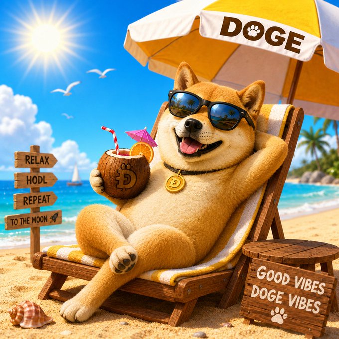 A Shiba Inu (Doge) lounges on a beach chair under a "DOGE" umbrella, wearing sunglasses and sipping a coconut drink emblazoned with a Dogecoin symbol, alongside signs reading "RELAX HODL REPEAT TO THE MOON" and "GOOD VIBES DOGE VIBES." The image fits the "Happy Thursday 𝕏" post by capturing a cheerful, vacation-themed Dogecoin meme perfect for a weekend mood.