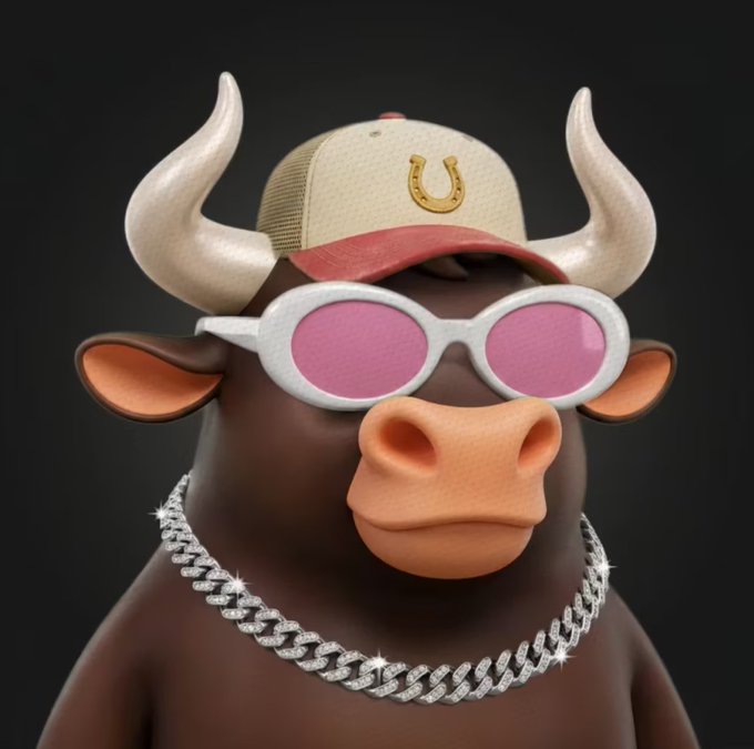 A 3D-rendered cartoon bull with brown fur, large horns, and a peach-colored snout wears white-framed sunglasses with pink lenses, a beige and red baseball cap featuring a horseshoe logo, and a thick silver Cuban link chain necklace against a dark background.