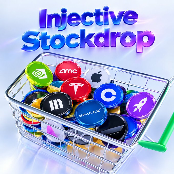 A wire basket overflows with colorful tokenized stock coins featuring recognizable brand logos like AMC, Apple, Tesla, Coinbase, NVIDIA, SpaceX, and others, set against a blue background with bold gradient text reading "Injective Stockdrop" above. The image visually promotes Injective's buyback program offering tokenized stocks to $INJ stakers.