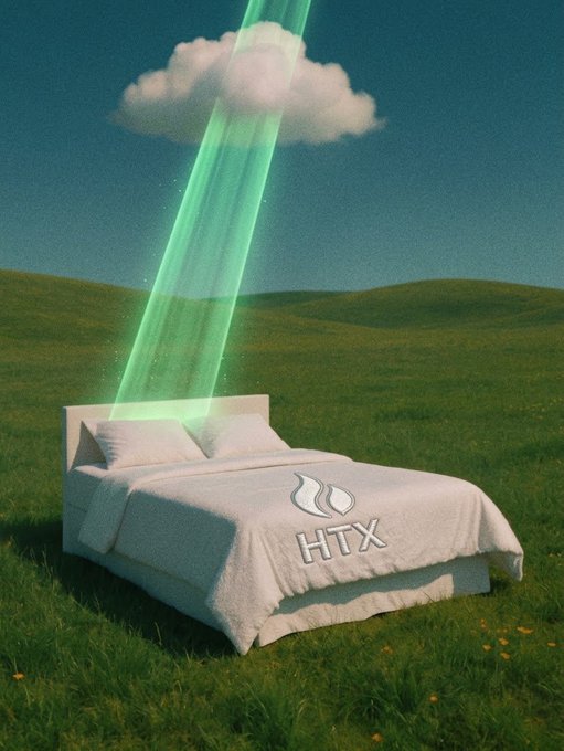 A white bed with the "HTX" logo sits in a grassy field, illuminated by a green beam of light descending from a floating cloud. The scene captures a surreal, ethereal "aura maxxing" vibe, evoking a mystical Sunday morning energy.