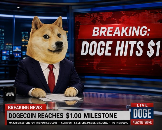 A news anchor with a Shiba Inu head sits at a "Breaking News" desk reporting that Dogecoin has reached $1.00, with the chyron reading "DOGECOIN REACHES $1.00 MILESTONE" alongside a "LIVE DOGE" network logo. The meme ties directly to the post's excitement about DOGE hitting the dollar milestone, fittingly matching the celebratory "here we come to the moon" sentiment.