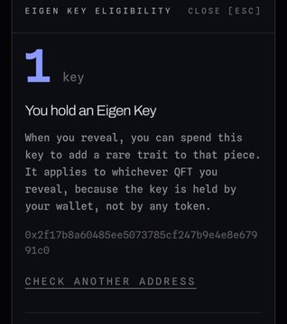 A dark interface titled 'EIGEN KEY ELIGIBILITY' confirming 'You hold an Eigen Key' with a partially visible wallet address beginning with '0x2f17b8a60485ee5073785cf247b9e4e8e679' displayed below.