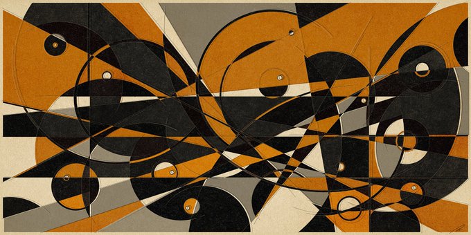 An abstract painting features a dynamic composition of overlapping circles, curves, and geometric shapes in orange, black, white, and gray tones.