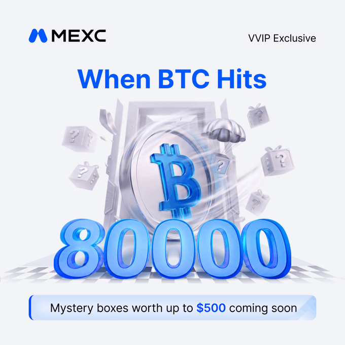 A MEXC promotional graphic featuring a Bitcoin symbol emerging from an open safe with a parachute and floating mystery boxes, displaying the text "When BTC Hits 80000" alongside "VVIP Exclusive" and "Mystery boxes worth up to $500 coming soon," teasing a 72-hour VVIP Exclusive Mystery Box event tied to a potential BTC price milestone of $80,000.