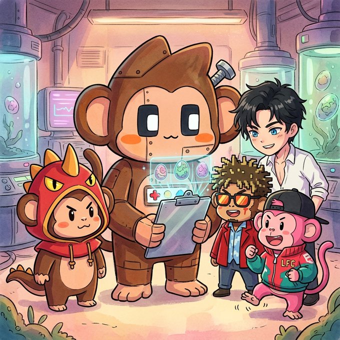 A cartoon illustration showing a group of characters including a brown monkey robot, a small dinosaur-costumed monkey, a boy with sunglasses, a human boy, and a pink monkey in a red and green jacket, set in what appears to be a futuristic lab.