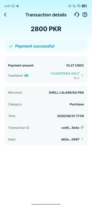 A mobile screenshot of a Bitget Wallet transaction confirmation showing a successful payment of 2800 PKR (10.27 USDC) at Shell Lalamusa Pak, with a 3% cashback of +0.00007064 XAUT worth $0.3.