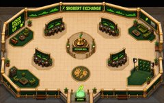A digital rendering of a cryptocurrency trading floor labeled 'BIDDIT EXCHANGE' with multiple desks and monitors arranged in a circular layout.