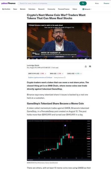 A Yahoo Finance article titled "Crypto's Next Meme Coin War? Traders Want Tokens That Can Move Real Stocks" features GameStop's Tokenized Share (GMES) on Binance, with a candlestick chart showing its price climbing past $230,000. The image supports the post by showing mainstream financial coverage of meme coin tokens tied to real stocks like GameStop, validating the poster's interest in this "memestock coded" crypto niche.