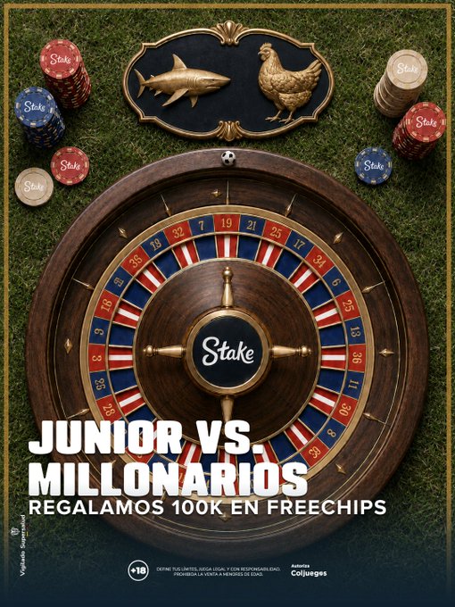 A promotional graphic for Stake features a roulette wheel and casino chips on a green felt background, with text announcing "JUNIOR VS. MILLONARIOS - REGALAMOS 100K EN FREECHIPS," offering 100,000 in FreeChips from Mega Roulette for a random user who engages on social media and correctly predicts the match result.