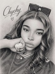 A pencil sketch of a young woman with sunglasses on her head, labeled 'Chychy' with a small heart, with 'KIKO' and 'MORO' watermarks visible.