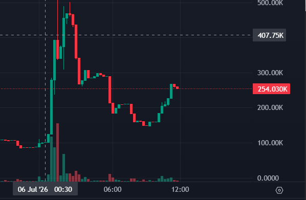 A candlestick chart shows $WOLF's price action from 06 Jul '26, featuring a massive overnight spike to approximately 407.75K–500K around 00:30, followed by a pullback to 254.030K by midday, illustrating the volatile 4x move referenced in the post.