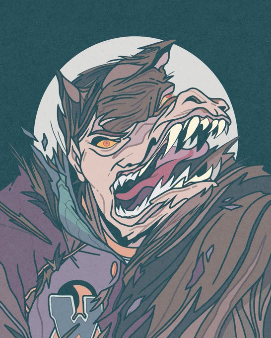 An illustration of a character with half-human and half-wolf features, showing a yellow eye and a snarling wolf face with sharp teeth, set against a white moon.