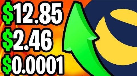 A graphic displaying three prices in green text: '$12.85', '$2.46', and '$0.0001', with a large green upward arrow next to a yellow circular logo on an orange background.