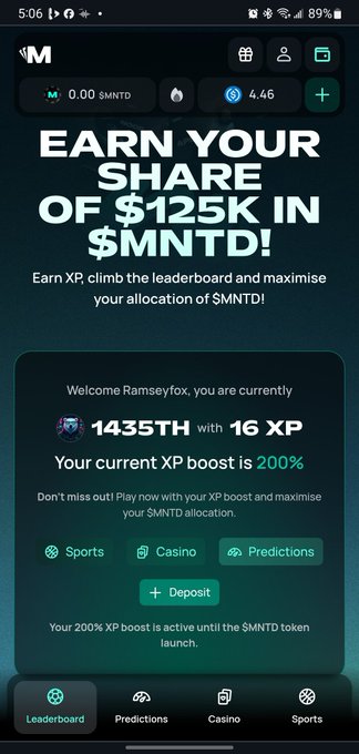 Mobile app screenshot showing 'EARN YOUR SHARE OF $125K IN $MNTD!' promotion, welcoming 'Ramseyfox' ranked 1435th with 16 XP and a 200% XP boost.