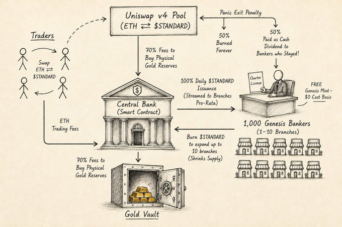 A hand-drawn diagram explaining the Uniswap v4 Pool economics for ETH ⇄ $STANDARD, showing flow to a Central Bank (Smart Contract), Gold Vault, and 1,000 Genesis Bankers, with details including '70% Fees to Buy Physical Gold Reserves', 'Panic Exit Penalty', '50% Burned Forever', and 'FREE Genesis Mint - $0 Cost Basis'.
