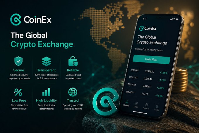 The image is a promotional banner for CoinEx, a global cryptocurrency exchange, featuring a smartphone displaying the app's interface with a "Trade Now" button and live prices for BTC/USDT, ETH/USDT, CET/USDT, and SOL/USDT, alongside a glowing teal "C" logo and six key selling points: Secure, Transparent, Reliable, Low Fees, High Liquidity, and Trusted (operating since 2017). It reinforces the caption's message by visually highlighting CoinEx's emphasis on security, transparency, and reliability—the "boring but essential" qualities the author values when selecting an exchange.