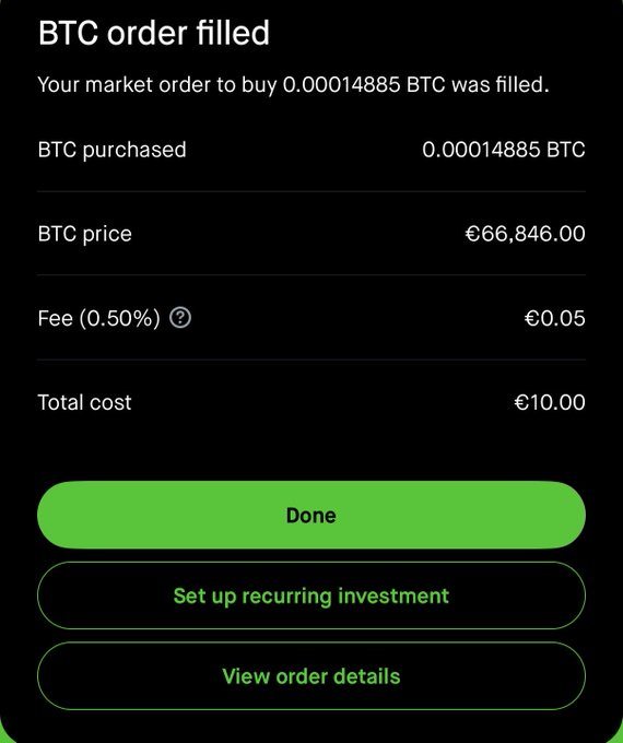 A BTC order filled confirmation screen showing a purchase of 0.00014885 BTC at €66,846.00 with a 0.50% fee of €0.05, totaling €10.00, with green 'Done', 'Set up recurring investment', and 'View order details' buttons.