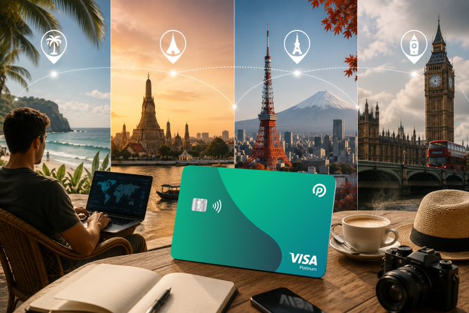 This image features a teal Visa Platinum card set against a collage of global landmarks—including tropical beaches, Bangkok, Tokyo, and London—to illustrate the borderless lifestyle of a digital nomad. A man working on a laptop by the sea connects the visual theme of remote work to the global payment freedom promised by PokePay.