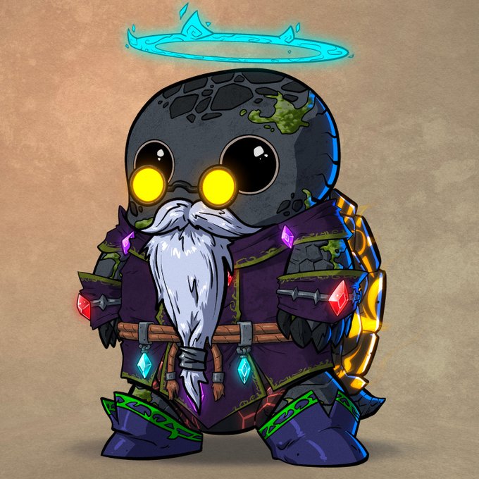 A cartoon-style illustration of a chibi character with a large head featuring a gray cracked stone-like texture, glowing yellow eyes, a white beard, a purple robe adorned with red gems, a glowing blue crown halo, and a golden mechanical backpack.