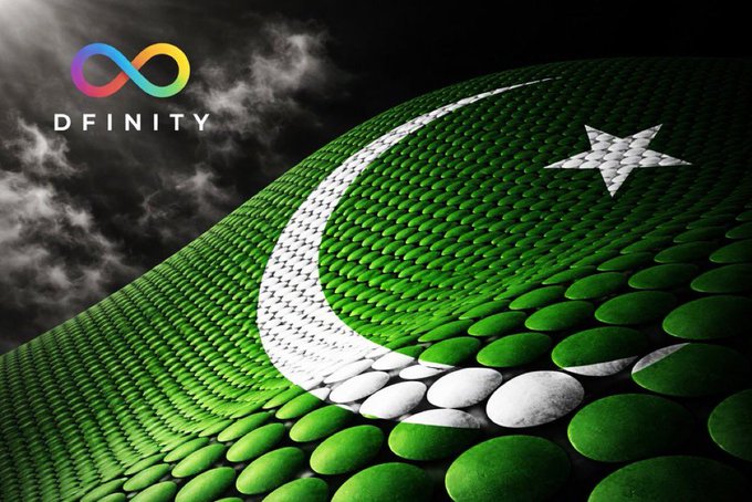 A Pakistani flag rendered in a stylized 3D graphic with green and white beaded texture alongside a star and crescent, paired with the DFINITY (infinity logo) brand mark.