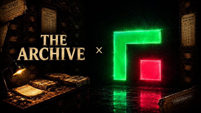 A promotional graphic reading 'THE ARCHIVE x' alongside a green and red neon square logo, set against a dark background with vintage archive documents, a desk lamp, and filing cabinets.