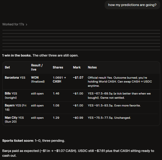 A dark-themed interface showing sports betting predictions with a table tracking bets on Barcelona, Bills, Bayern, and Man City, including columns for Bet, Result/live, Shares, Mark, and Notes, along with a score of 1-0 with three pending.
