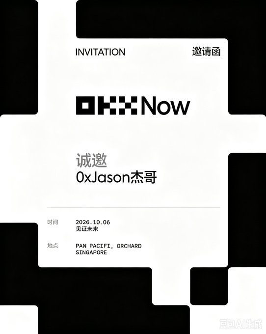 An invitation card for 'OKX Now' addressed to '0xJason杰哥' for an event on 2026.10.06 at PAN PACIFI, ORCHARD SINGAPORE.