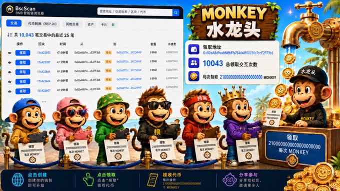A BscScan page showing 10,043 BNB transactions, overlaid with cartoon monkey characters, a "Monkey" water faucet theme, and text indicating "210000000000000000000" MONEY rewards.