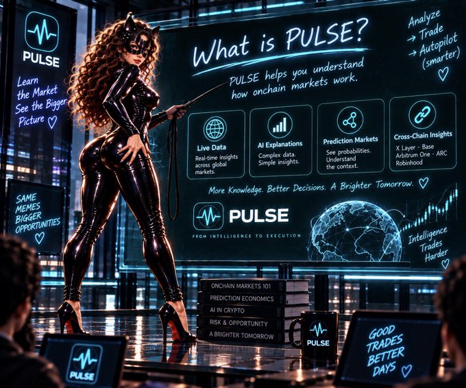 A stylized promotional image titled 'What is PULSE?' showing a woman in a black catsuit holding a whip in front of a chalkboard explaining features like 'Live Data', 'AI Explanations', and 'Cross-Chain Insights'.