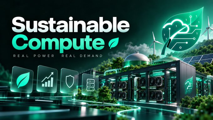 **Caption:** A promotional graphic for "Sustainable Compute — REAL POWER, REAL DEMAND" showcases a futuristic green data center powered by wind turbines and solar panels, with glowing icons representing eco-efficiency, growth, and security.

**Relevance:** The image visually reinforces the post's argument by depicting compute infrastructure as environmentally responsible and demand-driven, contrasting the "spare-capacity" basket model with a vision of permanent, green-powered GPU capacity tied to real computational needs.