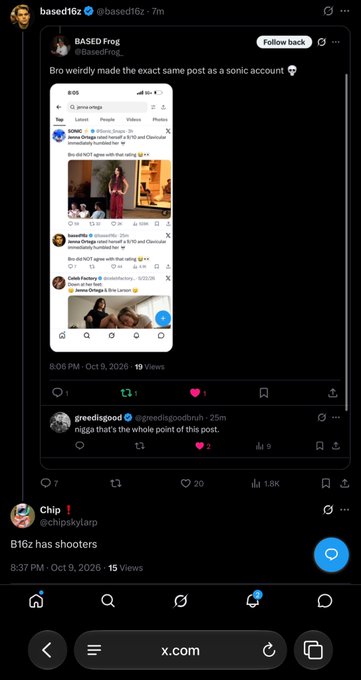 A screenshot of an X (Twitter) post by @based16z quoting @BasedFrog_, discussing a joke about 'B16Z' and showing replies including one from @greedisgod stating 'nigga that's the whole point of this post' and another from @chipskylarp reading 'B16z has shooters'.
