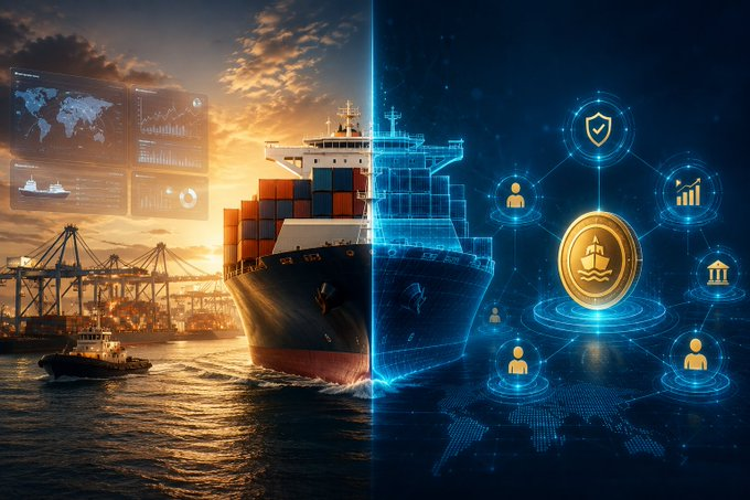 A split-screen image showing a cargo ship at sunset on the left and a digital blockchain/network visualization with a gold coin on the right, representing the contrast between traditional shipping and modern technology.