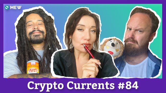 A YouTube thumbnail titled 'Crypto Currents #84' features three people and a small character, with one person holding a can and another holding a red pen near their mouth.