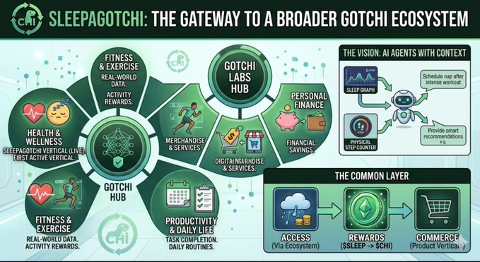 An infographic titled 'SLEEPAGOTCHI: THE GATEWAY TO A BROADER GOTCHI ECOSYSTEM' from catoshi. It features a central 'GOTCHI HUB' connected to sections including 'FITNESS & EXERCISE', 'HEALTH & WELLNESS', 'MERCHANDISE & SERVICES', 'DIGITAL HARDWARE & SERVICES', 'PERSONAL FINANCE', and 'PRODUCTIVITY & DAILY LIFE', alongside panels detailing 'THE VISION' and 'THE COMMON LAYER'.