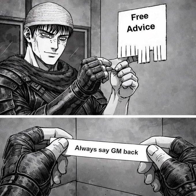 A black-and-white manga panel showing a soldier pulling a paper from a 'Free Advice' dispenser, with the bottom panel revealing the fortune slip reads 'Always say GM back.'