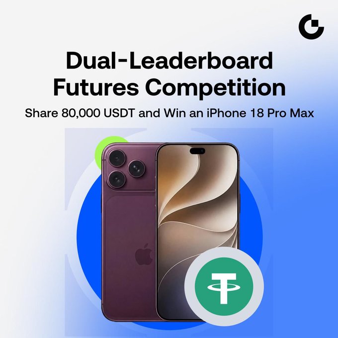 Promotional banner for a "Dual-Leaderboard Futures Competition" offering a share of 80,000 USDT and an iPhone 18 Pro Max as prizes, featuring images of a purple iPhone and a green USDT (Tether) logo against a blue circular background, aligning with the accompanying announcement of the trading volume and realized profit leaderboard challenge.