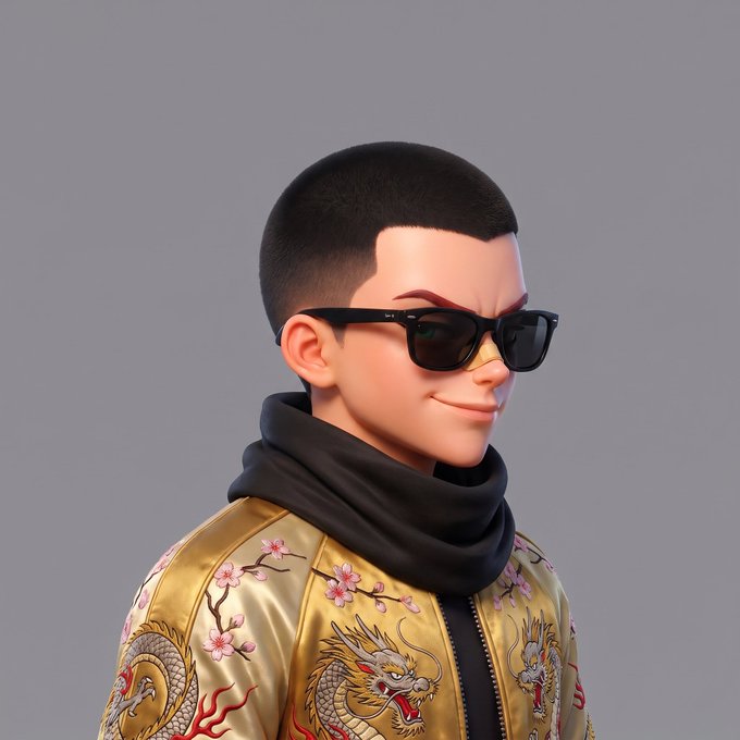 A stylized 3D character with a buzz cut, black sunglasses, and a black neck gaiter wears a golden jacket embroidered with pink cherry blossoms and a fierce dragon design, likely serving as a cool, edgy mascot for the NOCTIX project. The image aligns with the post's promotional tone, aiming to engage followers to share their wallets for a chance at one of 50 guaranteed spots.