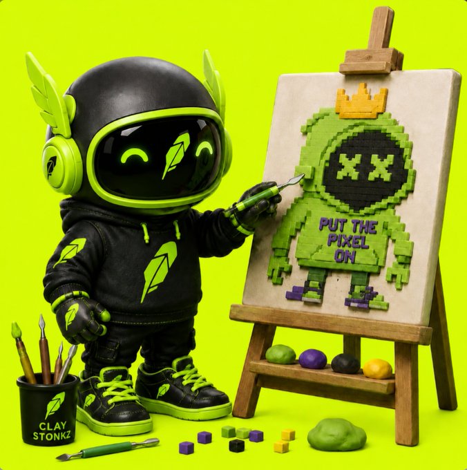 A 3D-rendered character in a black and neon green outfit with a helmet painting pixel art on a canvas that reads 'PUT THE PIXEL ON', with 'CLAY STONKZ' branding on a paint cup below.