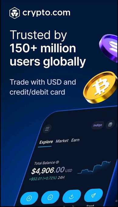 The image features a cell phone screen displaying an app called CryptoCom, which is designed for trading Bitcoin and other cryptocurrencies. The app provides users with access to various cryptocurrency markets and allows them to trade Bitcoins and other digital assets. The background of the image has a blue color scheme, and there are three coins floating in the air above it.