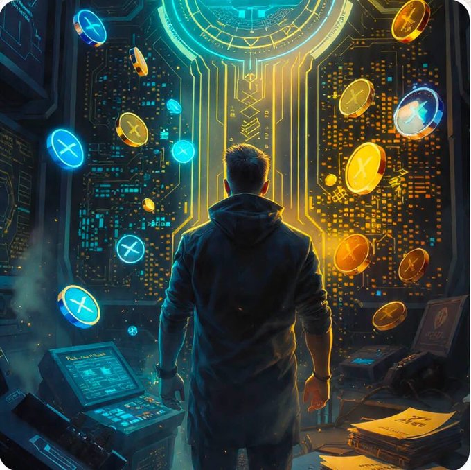 An illustrated figure viewed from behind, standing before a glowing circuit-board portal with floating cryptocurrency coins marked with X symbols.