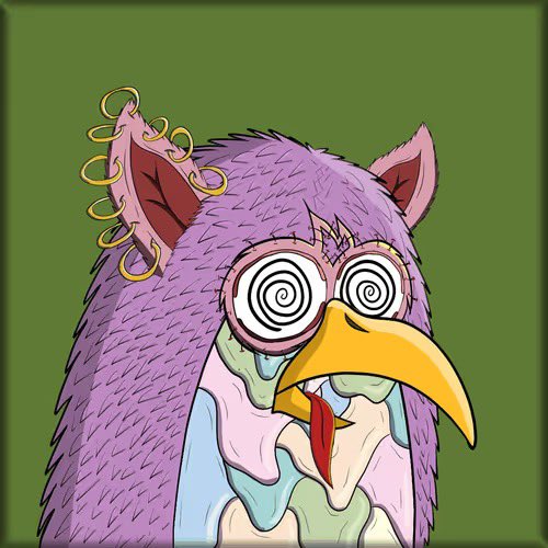A cartoon illustration of a purple bird-like creature with spiraling hypnotic eyes, a yellow beak, and a drooling mouth, set against a solid green background.